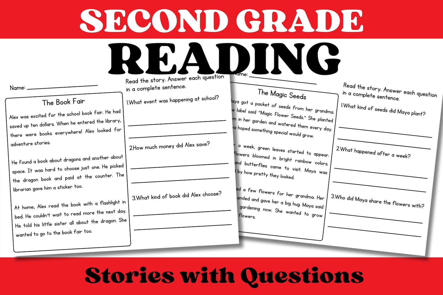 Reading Comprehension Worksheets, Stories with Questions, Reading Activities, Reading Passages, Second Grade, 2nd Grade ELA Worksheets