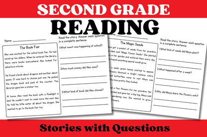 Reading Comprehension Worksheets, Stories with Questions, Reading Activities, Reading Passages, Second Grade, 2nd Grade ELA Worksheets