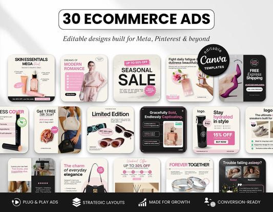 30 Ecommerce Ad Templates, Canva Marketing Ads for Online Store, Instagram Facebook Meta Ads, Social Media Templates for Product Promotion